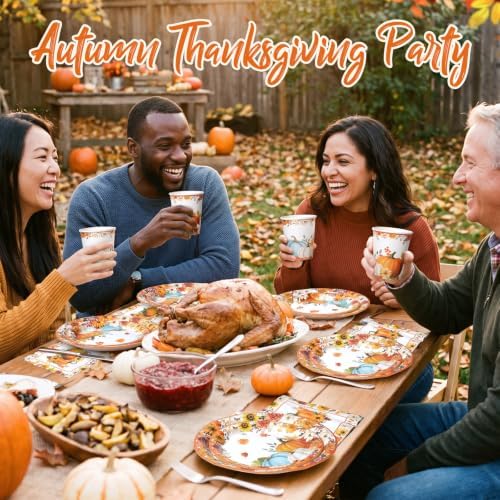 Pickmesh 250 Pcs Fall Thanksgiving Party Decorations Fall Maple Leaves Pumpkins Paper Plates Napkins and Cups Disposable Tableware Set for Autumn Thanksgiving Harvest Birthday Party Supplies Serve 50 - Image 4