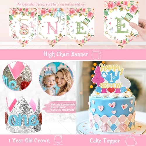 Party Inspo Wonderland 1st Birthday Girl, 145 PCs – Fairy Onederland First Birthday Party Supplies with Tea Party Backdrop, Balloon Garland, Cake Topper, Hanging Arrow Signs - Image 4