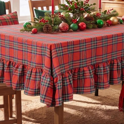 Romanstile Christmas Plaid Ruffled Tablecloth Rectangle, 60x102 Inch Red - Image 5
