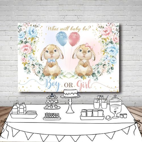 MEHOFOND Bunny Gender Reveal Backdrop Boy Or Girl What Will Our Little Bunny Be Banner Spring Easter Rabbit Floral Kids Party Decoration Supplies Photography Background Photobooth Props 10x7ft - Image 4