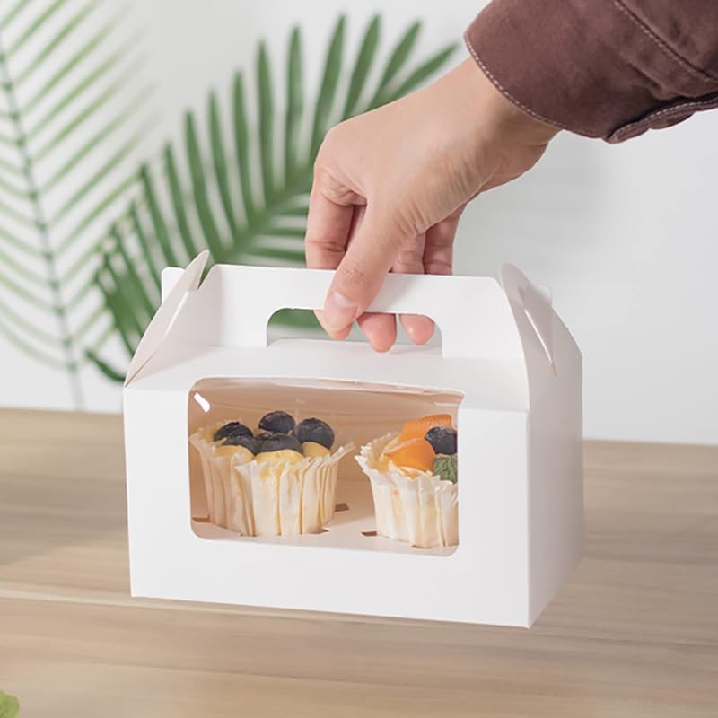JIYIXhylera 100Pcs Cupcake Boxes with Handle, White 2 Cavity Kraft Paper Muffin Boxes with Clear Window, 6.49x3.74x3.54 Inch Cupcake Carriers for Wedding - Image 5