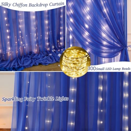 20 x 10ft Royal Blue Chiffon Backdrop Curtain with Lights String for Parties,4 Panels Sheer Tulle Curtain Wedding Backdrop for Baby Shower Birthday Party Ceremony Reception Home Decorations - Image 2