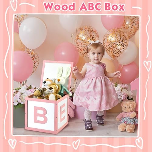 Chunful Wood Baby Shower Box ABC Display Box for Party Decorations with Alphabet Letters Personalized Shower Gifts Basket Party Blocks Backdrop for Boys and Girls (Pink,White) - Image 5