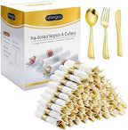 50 Pack Pre Rolled Gold Plastic Silverware Set with Napkins,Disposable Wrapped Heavy Duty Cutlery Set for Wedding Birthday Party-50 Forks,Knives,Spoons,Napkins,Utensils Set,Plasticware Bulk by ISFANGCO