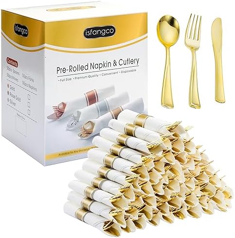 50 Pack Pre Rolled Gold Plastic Silverware Set with Napkins,Disposable Wrapped Heavy Duty Cutlery Set for Wedding Birthday Party-50 Forks,Knives,Spoons,Napkins,Utensils Set,Plasticware Bulk by ISFANGCO