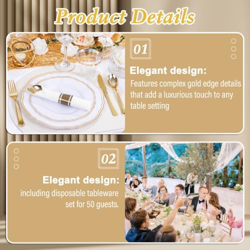 Hioasis 350 Pcs White and Gold Plastic Plates for Wedding & Party - Image 7