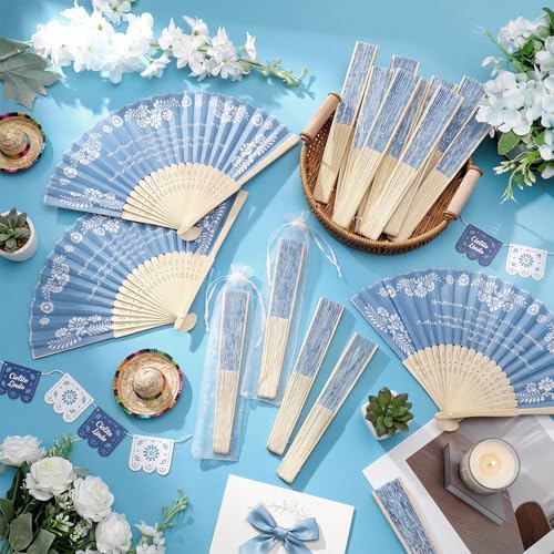 Barydat 24 Sets Cielito Lindo Baby Shower Favors De Barro Paper Hand Fans with Organza Bags Mexican Folding Fans Handheld Home Decor DIY Supplies for Guest Talavera Bridal Baby Shower(Blue) - Image 3