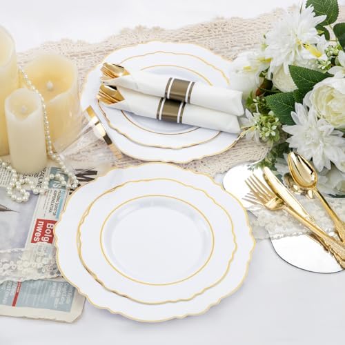 Liacere 350PCS Gold Plastic Plates-Disposable White and Gold Plates 50guest Baroque Plastic Dinnerware include 100Plates, 50Pack Pre Rolled Napkins with Silverware 50Cups for Wedding & Party - Image 5