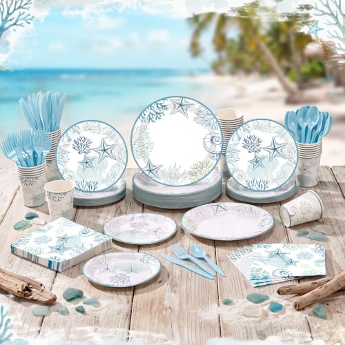 Funnymoom 400 Pcs Ocean Seashell Party Supplies for 50 Guests Blue White Coastal Beach Disposable Plates Napkins Cups Spoons Forks Knives for Summer Wedding Tea Party Bridal Baby Shower - Image 4