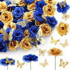296 Pcs Artificial Roses Silk Flowers 3D Butterflies, Blue, Gold by Solsew