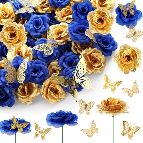 296 Pcs Artificial Roses Silk Flowers 3D Butterflies, Blue, Gold by Solsew