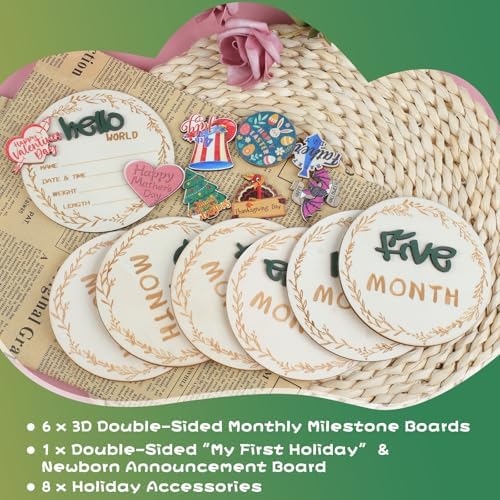 3D Baby Monthly Milestone Wooden Discs Set – 15 Pcs Baby Month Markers for Photos, Hello World Newborn Announcement Sign, My First Holiday Milestones Props Keepsakes - Image 4