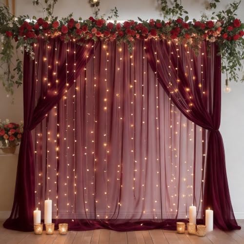 Shillance 30ft x 10ft Burgundy Backdrop Curtain with Lights String for Parties, Sheer Tulle Wedding Photo Backdrops Drapes for Baby Shower Birthday Party Decorations Background for Photography - Image 3