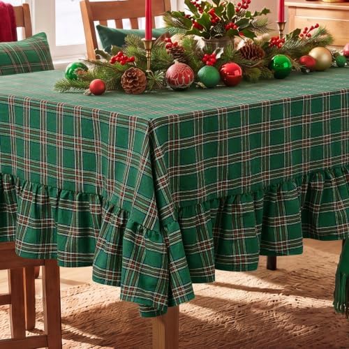 Romanstile Christmas Plaid Ruffled Tablecloth Rectangle, 60x102 Inch Green - Image 5