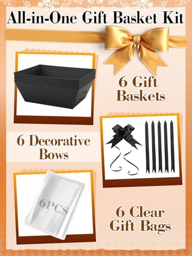 Beeplove 6 Sets Large Thick Kraft Baskets for Gifts Empty - Gift Baskets Empty Kit with Cellophane Wrap and Pull Bows for Wedding Birthday Bridesmaid Baby Shower, Black - Image 4