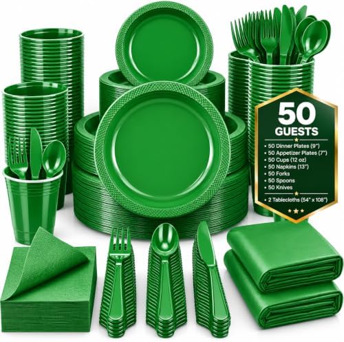 Tinybee 352 Pcs Green Plastic Plates, Disposable Dinnerware Set for 50 by Tinybee
