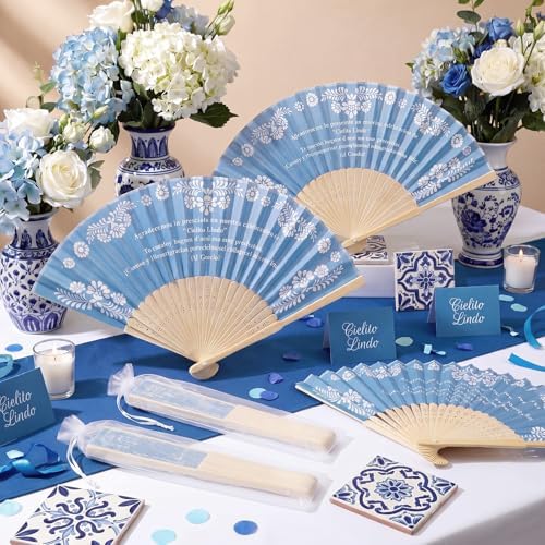 Barydat 24 Sets Cielito Lindo Baby Shower Favors De Barro Paper Hand Fans with Organza Bags Mexican Folding Fans Handheld Home Decor DIY Supplies for Guest Talavera Bridal Baby Shower(Blue) - Image 2