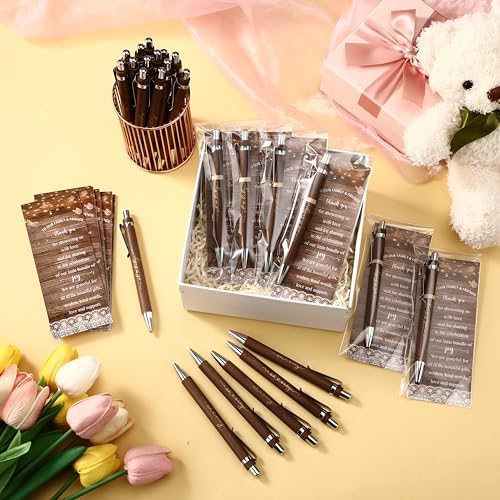 Spakon 50 Sets Rustic Baby Shower Pens for Guests with Baby Shower Bookmarks Favors Walnut Bamboo Ballpoint Pens Return Gifts Game Prizes Souvenirs Thank You Gifts Gender Reveal Party - Image 5