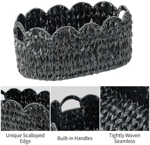 Coeusy Wicker Scalloped Basket Set of 2,Woven Storage Baskets for Shelves,Closet,Laundry,Gift,Towels,Books,Toys,Waterproof Decor Basket for Organizing,Black Oval - Image 7