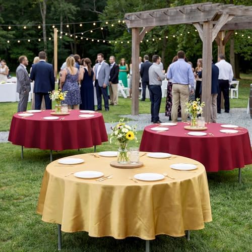 Buryeah 12 Pcs Burgundy and Gold Plastic Table Cloth 84 Inch Maroon and Gold Round Waterproof Disposable Tablecloth Circle Table Covers for Graduation Bridal Wedding Birthday Party - Image 6