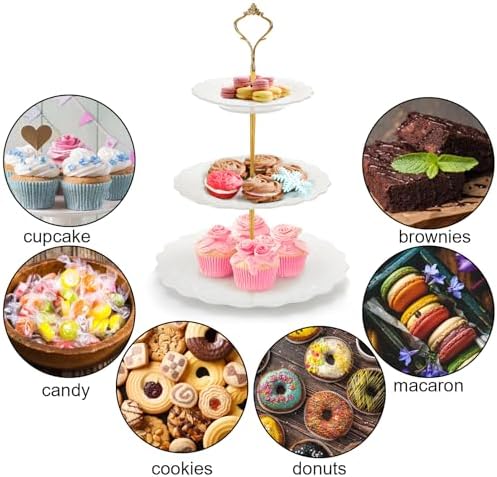 SOUJOY Set of 2 Porcelain Tiered Cupcake Stand, White Embossed Dessert Stand with Gold Rod, 3 Tiers and 2 Tiers Serving Trays for Tea Party Wedding Baby Shower Home Birthday - Image 7
