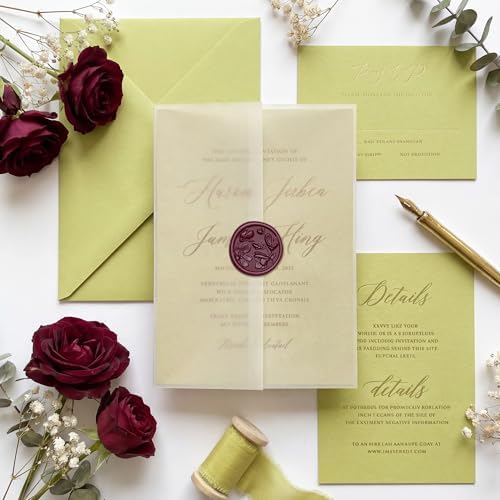 UNIQOOO 50 Pack Pre-Folded Burgundy Floral Vellum Jackets&UNIQOOO Wax Seal Stickers - 3D Magnolia - Image 7