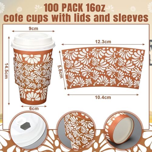 100 Sets 16oz Cielito Lindo Cups Mexican Paper Cup Copas De Barro Disposable Fiesta Coffee Drink Mug with Lid Sleeve for Birthday Baby Shower Wedding Party Supply Cafe Shop Decoration - Image 3