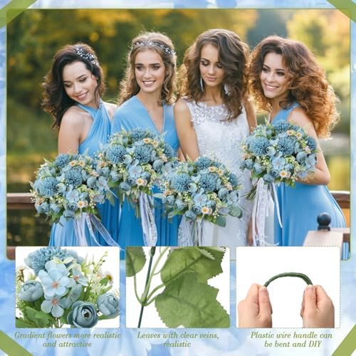Tigeen 12 Bundles Peonies Artificial Flowers Faux Roses, Mist Blue - Image 3