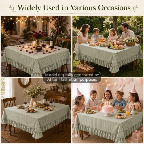 Striped Ruffled Tablecloth 60x120in Cotton Polyester Striped Tablecloth Rectangular Fits 8-10 Seater Table Farmhouse Vintage Table Cover for Home Kitchen Baby Shower Birthday Party Picnic (Sage Green) - Image 6