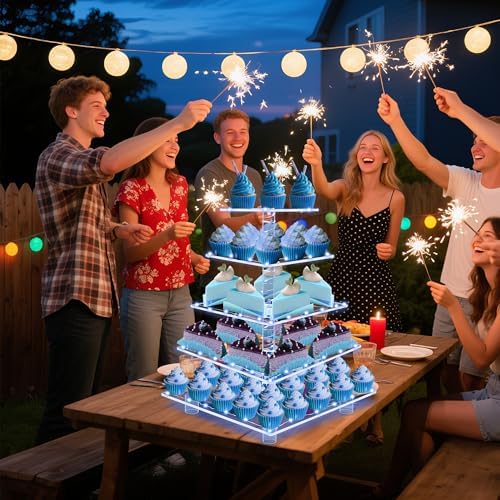5 Tier Cupcake Stand with Blue Lights, Acrylic Square Cupcake Tower - Image 2