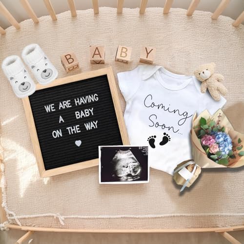 9 Pcs Pregnancy Announcements Set, Include Felt Letter Board Baby Bodysuit Shoes and Wooden Sign Surprise Announcement for Grandparents Partner Gift Family Reveal(Grey Coming soon-white shoe) - Image 4
