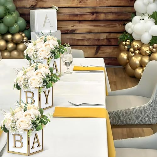 8 Set Baby Shower Centerpieces for Tables - 6 inch Wooden Boxes with Baby Letters Rustic Cube Planter Wood Blocks for Gender Reveal Party Favor (Gold) - Image 4