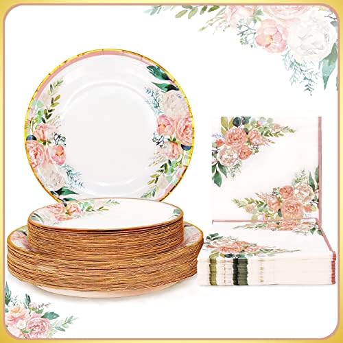 Boosolo Floral Party Supplies - Paper Plates and Napkins Sets for 50 Guests - Include Floral Party Disposable Paper Dinner Plates, Napkins for Baby or Bridal Shower, Birthday, Wedding by Boosolo