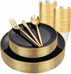 bUCLA 150PCS Black and Gold Plastic Plates - Black Gold Plastic Dinnerware Set Disposable - Include 25 Dinner / 25 Dessert Plates, 25 Knives, 25 Forks, 25 Spoons, 25 Cups, Ideal for Party & Graduation by BUCLA