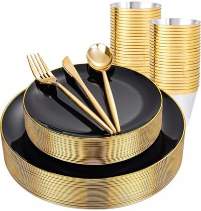 bUCLA 150PCS Black and Gold Plastic Plates - Black Gold Plastic Dinnerware Set Disposable - Include 25 Dinner / 25 Dessert Plates, 25 Knives, 25 Forks, 25 Spoons, 25 Cups, Ideal for Party & Graduation by BUCLA