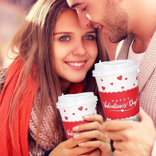 Whaline 50 Pcs Valentine's Day Disposable Coffee Cups with Lids and Sleeves Red Mini Love Heart Paper Drinking Cups for Wedding Anniversary Party Supplies - Image 7