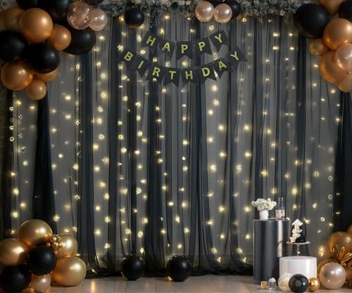 Black Tulle Backdrop Curtain with Lights String for Parites 20ft×10ft Black Sheer Backdrop Curtains for Baby Shower Wedding Bridal Shower Birthday Party Photo Shoot Decorations(4 Panels 5×10ft) - Image 2