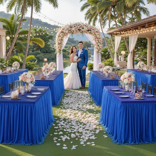 Royal Blue Tablecloth Rectangle 8 Foot Stretch Elastic Tulle Ruffle Tablecloths Rectangular Spandex Table Covers 8ft Birthday Baby Shower Wedding Party Table Cloths with Skirt - Image 3