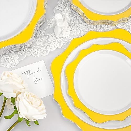 realluck 100Pcs White & Yellow Plastic Plates for 50 Guests - Image 3