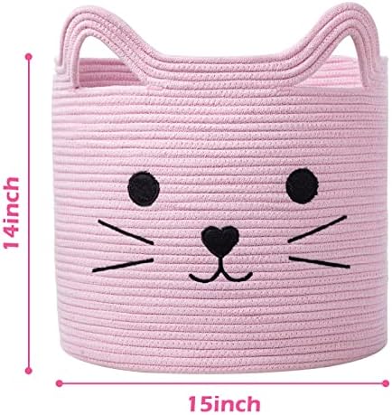 VK VK·LIVING Cat Toy Basket Cute Cotton Rope Animal Storage Pink Laundry Baskets for Toys, Clothes,Gifts,Towels, Blankets, Pet Bed Pink Laundry Hamper for Organizing 15''x14'' - Image 3