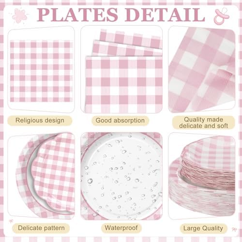 Funnymoom 250 Pcs Pink Gingham Paper Plates and Napkins Party Supplies - Image 2