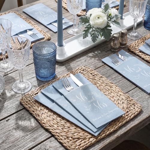 Potchen 100 Pcs Linen Feel Napkins Disposable, Blue Mr and Mrs - Image 6