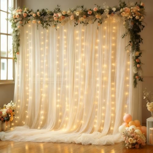 Wish Care 20x10FT Cream Wrinkle Free Backdrop Curtains with Lights String for Parties - Photo Curtain Backdrop with Lights for Wedding Decorations, Bridal Baby Shower Birthday Party Photography by WishCare