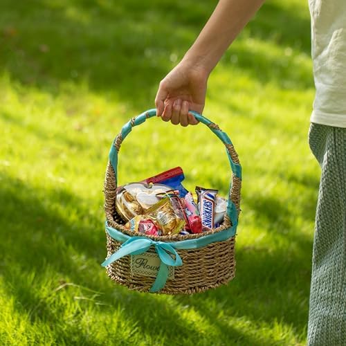 Wickerwise Small Seagrass Wicker Picnic Basket with Handle - Versatile Gift Basket with Blue Ribbon for New Year and Other Occasions, Garden and Home Decor, Natural Wicker Basket and Storage Solution - Image 3