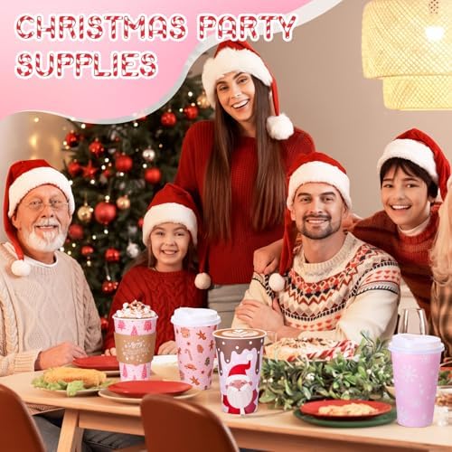 Mimorou 60 Pack Pink Christmas Coffee Cups with Lids and Sleeves, 16 oz Disposable Paper Holiday Cups, Festive Designs with Snowflakes Santa Gingerbread Candy Canes Polka Dots for Xmas Party Favors - Image 6