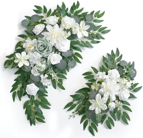 Faux Flower Swag Set of 2 for Wedding Welcome Signs Floral Swag Wedding Reception Ceremony Signs Decor (White & Green) by Piklado