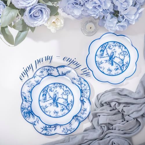 LIYH 60 Pcs Blue Plastic Plates Set - Heavy Duty Floral and White Plastic Plates for Party Wedding Elegant Plate Bridal Shower Floral Dinnerware Set - 10.25" Dinner & 7.5" Dessert Plate - Image 4