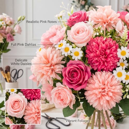 Tigeen 6 Bundles Artificial Flowers Bouquet for Wedding, Pink Magenta - Image 3