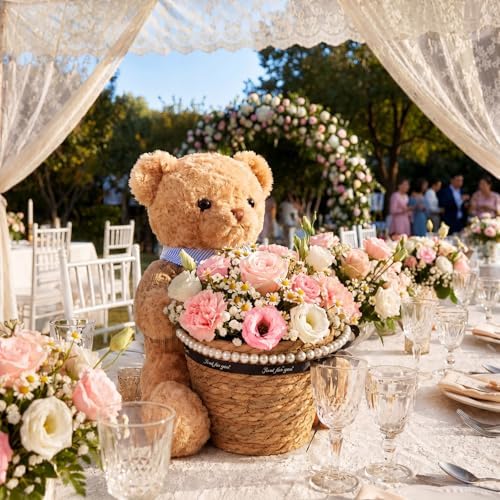 Shappy 6 Sets Bear Centerpieces for Baby Shower Wedding Bridal Decorations Party Table Centerpieces with Bears Straw Baskets Ribbon Pearl Chains for Birthday Gender Reveal Party Decoration Gifts by Shappy