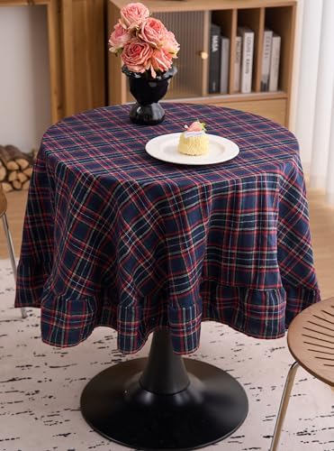 vctops Christmas Navy Plaid Ruffle Table Cloth, Farmhouse Cotton Linen Tablecloth, Washable Table Cover for Round Table Baby Shower Kitchen Party Wedding Decor (Navy,70") - Image 2